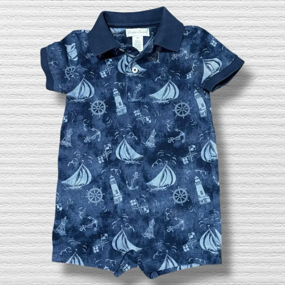 Ralph Lauren Baby Boy 9M Navy Nautical Sailboat Print Polo Romper